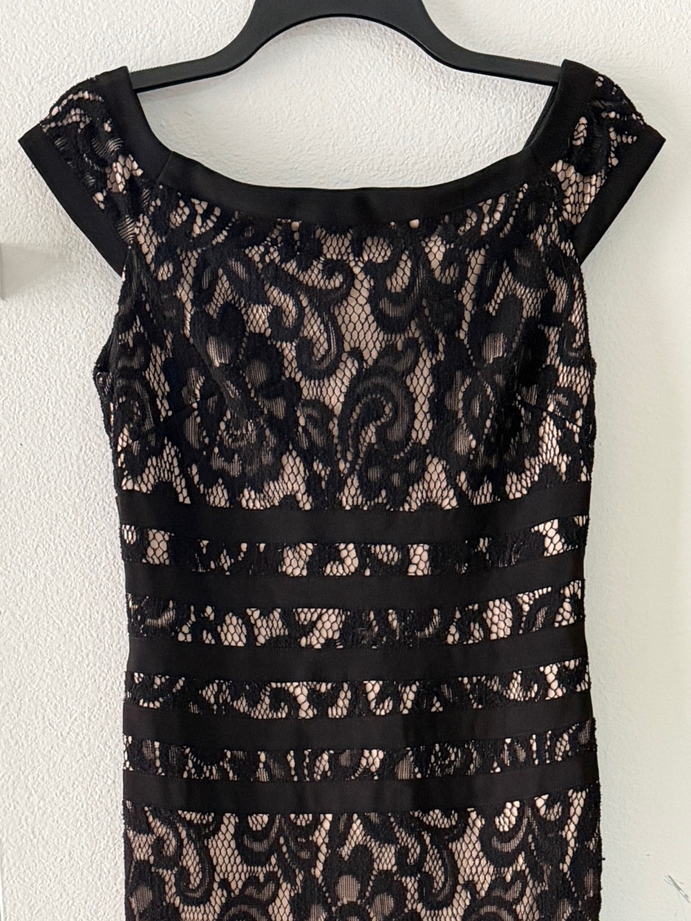 Betsy & Adam Black Lace Midi Dress with Nude Lining